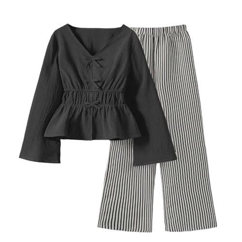 School Uniform Sweaters for Girls,Shirts for Girls for 7-15 Years V-Neck Puff Long Sleeve Bow Peplum T-Shirts School Uniform Dress Pleated Loose Tops Black 14 Years