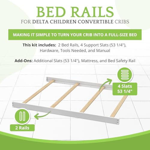 Image of Full-Size Conversion Kit Bed Rails Compatible with Delta Children Convertible Cribs - Solid Wood Rail #0050 - Toddler and Adult Bed Rail for Full-Size Beds - Baby Furniture (Textured White - 1349)