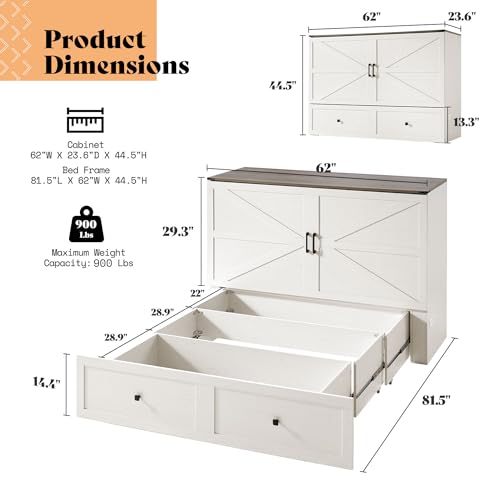 Image of AMERLIFE Queen Murphy Bed with Storage & Charging Station, Farmhouse Murphy Cabinet with Foldable Panel, Noisy Free, for Guest Bedroom, Living Room, Office, Distressed White