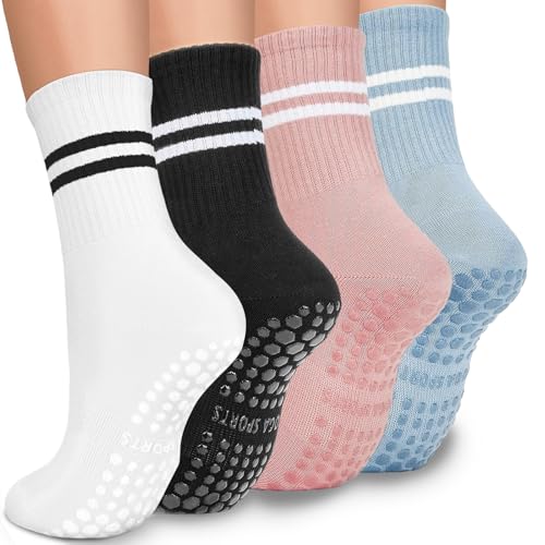 EUDUQ Calzini da donna 35-40, 4 paia di calzini antiscivolo con gommini antiscivolo per yoga, pilates, barre, trampolino e calzini sportivi, Nero/Bianco/Azzurro/Rosa, Taglia unica