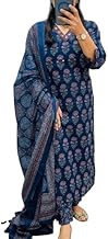 Women's Cotton Floral Kurta Palazzo Set, Full Sleeve, Round Neck, Navy Blue, Traditional Ethnic Embroidered, Regular Fit