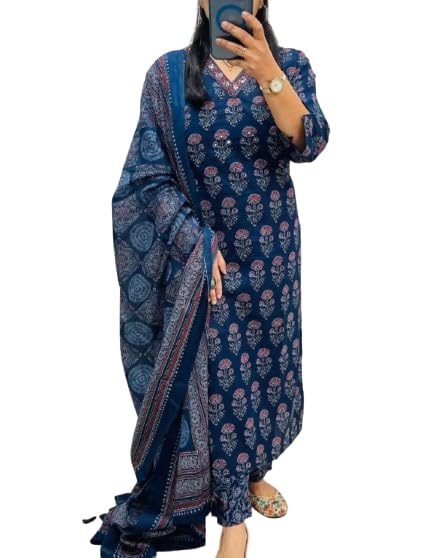veqreqmeq Women's Cotton Floral Kurta Palazzo Set, Full Sleeve, Round Neck, Navy Blue, Traditional Ethnic Embroidered, Regular Fit-picture-40