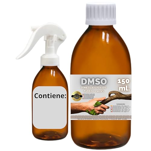 DMSO 150 ml. 99,9% Pureza Con Gotero | Dimetilsulfóxido Calidad Ph Eur | Regalo Frasco125ml + Difusor + Vasito Dosificador | Frascos Ámbar de Laboratorio | Precinto de Seguridad