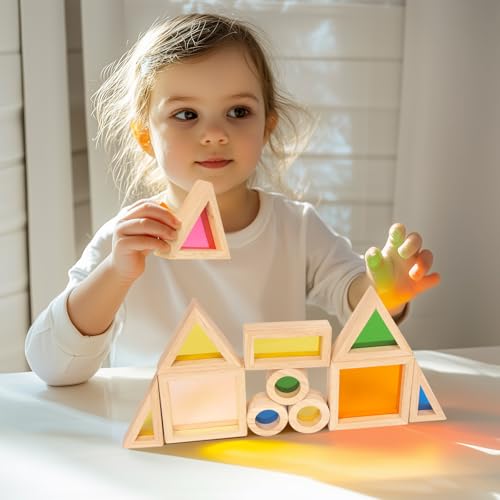 Image of WOODENFUN Wood Building Blocks Set for Kids, 32 Pcs Rainbow Stacker Stacking Game Construction Toys Set Preschool Colorful Learning Educational Toys, Geometry Wooden Blocks for Boys Girls