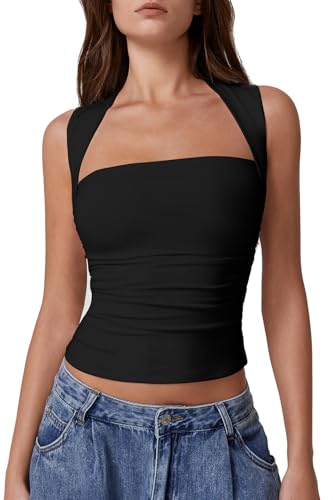 QINSEN Womens Square Neck Tank Tops Side Ruched Double Lined Slim Fit Summer Going Out Crop Top
