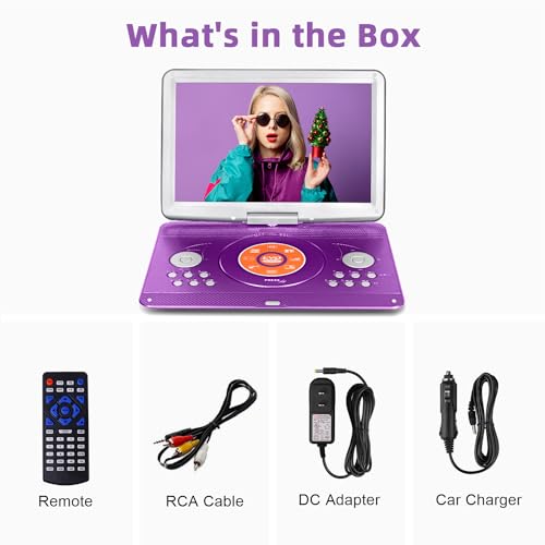 16.9'' Portable DVD Player with 14.1'' Large Swivel HD Screen, Kids DVD Players Portable with 6 Hrs 5000mAH Rechargeable Battery【Upgraded】, Sync TV, Support USB/SD Card, with Car Charge,Purple
