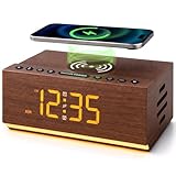 Hoifen Wooden Digital Alarm Clock with Bluetooth Speaker, Wireless Charging, FM Radio, Night Light, Auto Time Sync, Dual Alarms, USB Port, 9-Min Snooze for Bedroom, Desk, Bedside Clock Home Decor Gift