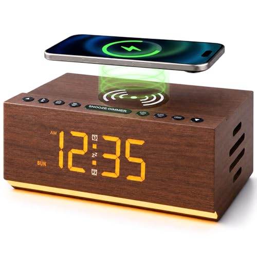 Hoifen Wooden Digital Alarm Clock with Bluetooth Speaker, Wireless Charging, FM Radio, Night Light, Auto Time Hoifen Wooden Digital Alarm Clock with Bluetooth Speaker, Wireless Charging, FM Radio, Night Light, Auto Time Sync, Dual Alarms, USB Port, 9-Min Snooze for Bedroom, Desk, Bedside Clock Home Decor Gift