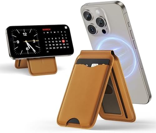LULULOOK Magnetic Wallet Stand for iPhone, 2-in-1 Full Grain Leather Phone Wallet 3 Cards Holder w/Adjustable Stand, Fits iPhone 16/15/14/13/12 and Mag-Safe Compatible Cases, Not for Mini Models, Tan