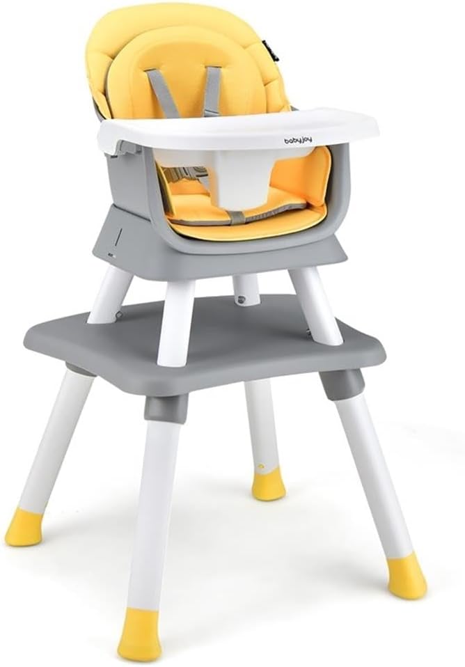Pemberly Row 8-in-1 Baby High Chair, Convertible Booster Seat with Adjustable Tray, Yellow Finish, BPA-Free Materials, Padded Seat, Stable Pyramid Frame, Toddler Chair Dining Table for Ages 6-36
