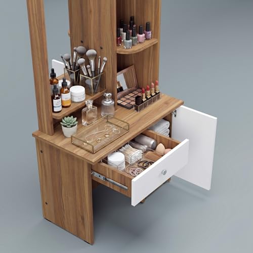 Image of NEUDOT Carlos Wooden Dressing Table with Mirror and Storage | Engineering Wood | Vanity Table with Mirror | Vanity Table for Bedroom, Living Room | 1-Year Warranty, Brown