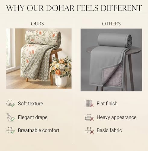 Image of HOMEKART Premium 100% Cotton Dohar for Single Bed | Reversible AC Blanket | Lightweight All Season Comforter | Soft & Breathable Summer Quilt for Adults | 150 GSM | 88 x 58Inches (Vintage Peach Vine)