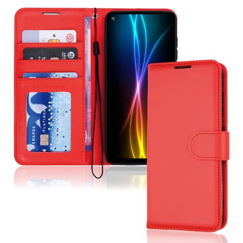 TECHGEAR Custodia Compatibile con Samsung Galaxy A21s, Cover Protettiva in Pelle con Slot per Schede, Supporto e Cinturino da Polso - Pelle sintetica per Samsung Galaxy A21s (Rosso)