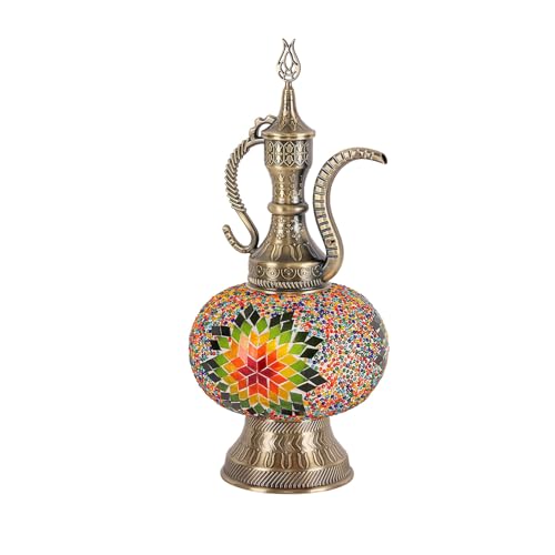 Yjmgrowing Lampada da Tavolo in Vetro a Mosaico Turco Artigianale, luci da scrivania marocchine con Base in Ottone Antico, Decorazione in Stile Bohemien per Camera da Letto, caffè o Bar,18cm