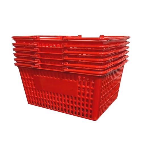 C-Store Packaging Stackable Plastic Shopping Baskets, Red and Blue, Easy-Grip Handles for Grocery, Retail, Liquor Stores, Home Use (6-pack, Red)
