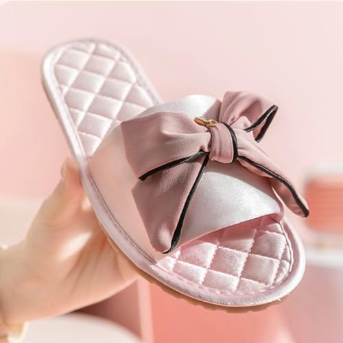 Soft Satin Slippers for Women Elegant Bowknot Design Sandals Four Seasons Indoor Outdoor Slippers Non-slip Bedroom Shoes3