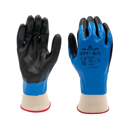 SHOWA 845-377L-08 377 Nitrile Foam Coating on Nitrile Glove with Polyester/Nylon Knit Liner,Blue, Large (Pack of 12 Pairs)