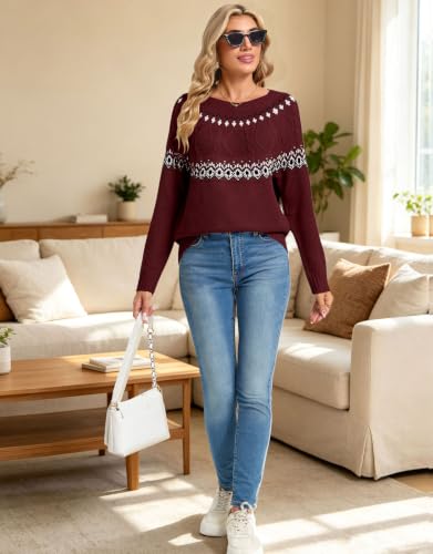 Image of Women's Fair Isle Sweater Crew Neck Long Sleeve Heart Sweater Vintage Tops