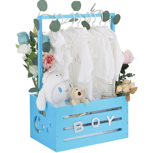 Image of Wooden Baby Shower Crate Closet, Baby Shower Basket with Handle & Rack Hangers & Garland & Letter Cards Wooden Crate for Baby Shower Gifts Toy Storage Box Welcome Newborn Parents Party - Blue