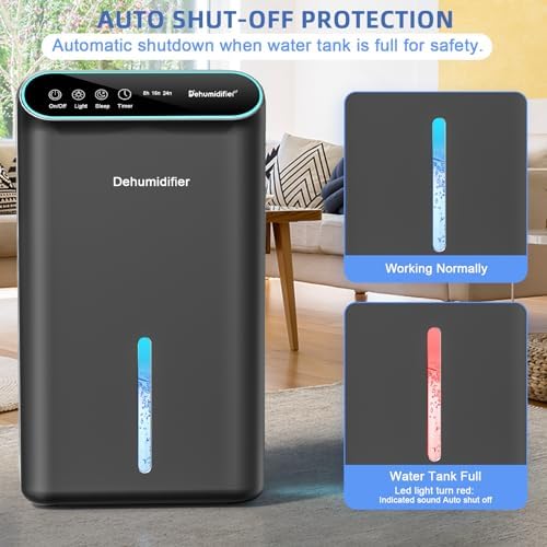 LOMMOL Dehumidifiers for Home, 86 OZ Dehumidifier (800 Sq.ft), Dehumidifiers for Bedroom with Essential Oil Diffuser, 7 Color LED Light, 24H Timer, Auto Shut-off, Ideal for Bathroom Closet RV (Black) — view 7