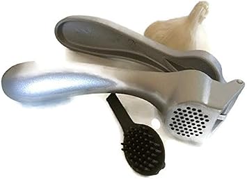 Pampered Chef Garlic Press 2575 - Easy Squeeze, Rust Proof, Ergonomic Handle - Professional Garlic Mincer & Ginger Press with Handy Cleaning Brush