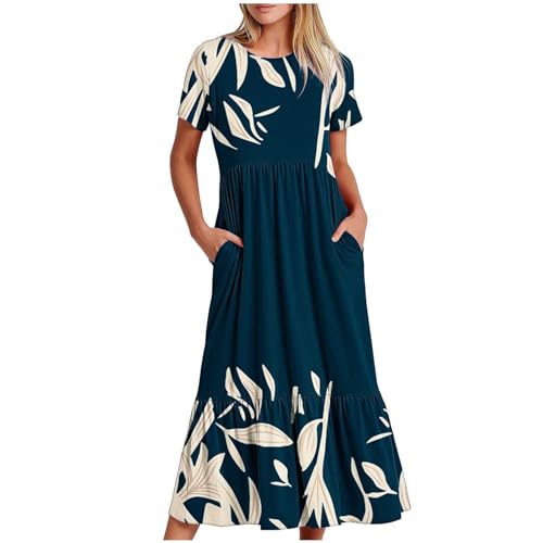MRGIINR Vestido de verano de manga corta para mujer, estampado floral, dobladillo con volantes, vestido midi para mujer, vestido casual con bolsillos, ropa de vacaciones, Rebajas A1-azul marino, M