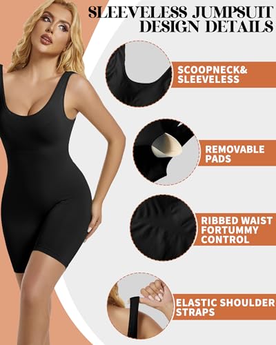 AURUZA Jumpsuits for Women, Workout V Back Rompers for Women Seamless One Piece Tummy Control Jumpsuit Scrunch Butt Yoga Short, M, Black