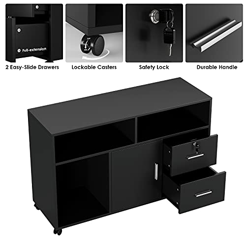 Kealive Wood File Cabinet, 2 Drawer Wood Mobile Lateral Filing Cabinet with Lock, Printer Stand with Open Shelves for Home Office, Lockable Casters, Black
