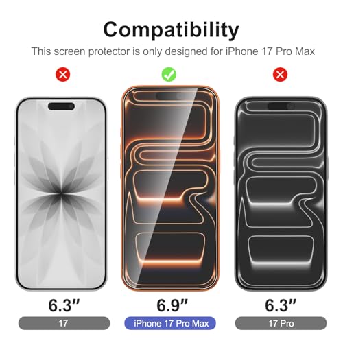 Image of NEW'C 3x Screen Protector for iPhone 17 Pro Max (6.9 inches)+ 3x Camera Lens Protector, Sensor Protection, Case Friendly Tempered Glass Film, Ultra Resistant, Easy installation tool include