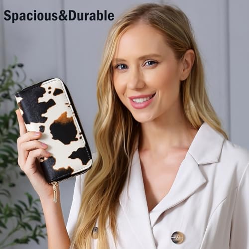 Cow Print Wallet for Women,Western Highland Cowhide Purse Zip Around Walles Cow Stuff Gifts for Ladies Brown2