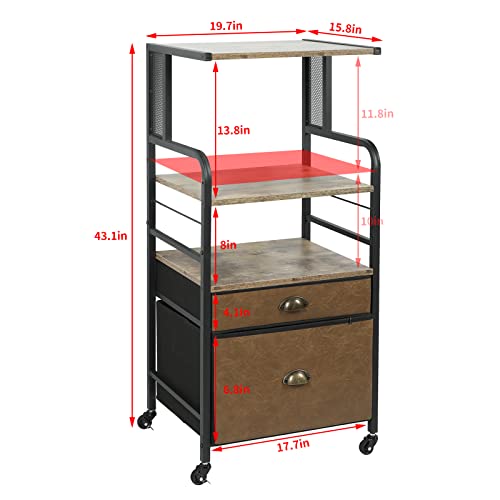 Mobile Printer Stand with File Cabinet, 3 Tier Movable Printer Shelf with 2 Drawers, Rolling Printer Fax Copier Machine Table Cart on 4 Wheels for Office Home Study Room