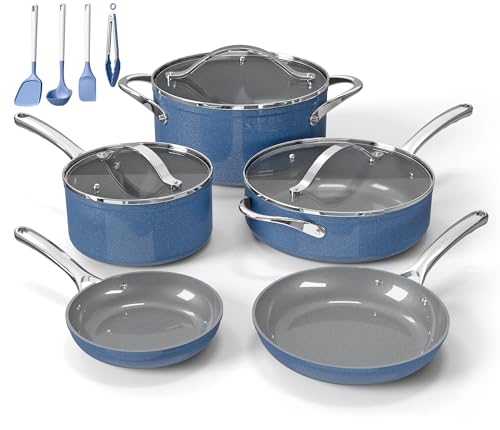 Bakken 12-Piece Aluminum Cookware Set with Ceramic Nonstick Coating, PTFE & PFAS Free, All Stovetop Safe Up To 500°F, Pots and Pans Set with Lids, Silicone Utensils Included, Dishwasher Safe, Blue
