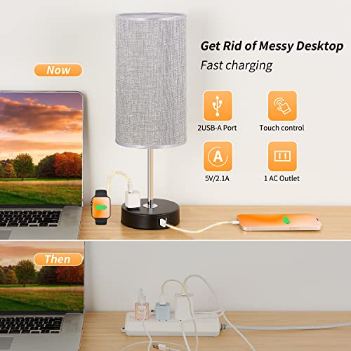 Spacrea Bedside Lamps For Bedrooms Set Of 2, 3 Way Dimmable Nightstand Lamp, Touch Lamp With 2 Usb Port & Ac Outlet, Round Grey Fabric Shade Bedside Lamps, Small Table Lamp For Bedroom Lamps #TOP4