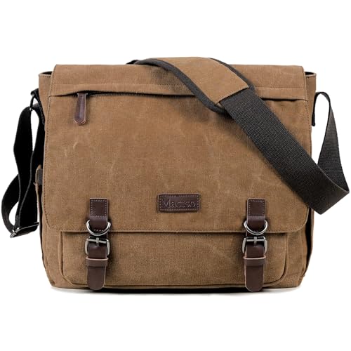 Mactso Vintage Messenger Bag 15.6 Inch Laptop for Men Women, Large Travel Crossbody Shoulder Purse with Luggage Strap,Canvas Briefcase Work Office College (Coffee-Upgrade) by Mactso - Used condition - US$27.99