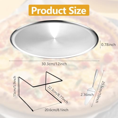 6 Pcs Pizza Pan Riser Stand Set, 2 Metal Pizza Table Stands + 2 Nonstick Pizza Pans + 2 Pie Servers, Gold Pizza Rack & Tray for Baking, Dessert, Cheese, Party, and Restaurant Use (Silver 2Pcs) by GRETJOB - Used condition - Image 3