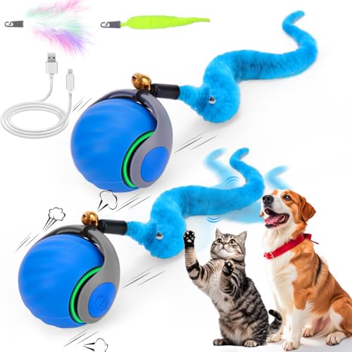 Image of 2PCS Interactive Cat Toy Ball, Rechargeable Cat Toys for Indoor Cats | with Feather Tails for Kittens Chasing, Motion Activated Ball for Enrichment, Automatic Rolling Toys to Keep Them Busy Blue
