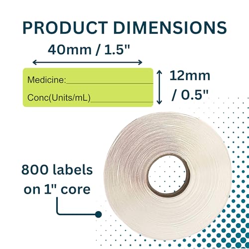 Image of Green Medicine Syringe Labels (Units /mL) - 800 Medication Labels Stickers, 12mm x 40mm, for Hospitals, Pharmacy & Vet