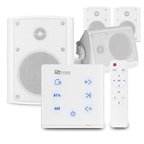 Power Dynamics A100W Wall Speaker System with Amplifier, Touchscreen Controls, Bluetooth Audio, Weatherproof On-Wall Speakers for Home & Outdoor Use - Includes 4x BGO40 in White Finish