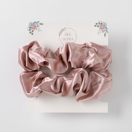 Silk Sutra Hair Scrunchies for Frizz Prevention 22 Momme 100% Mulberry Silk Hair Ties for Breakage Prevention Elastic ponytail Holders (Dusty Blush (Large 2pcs))