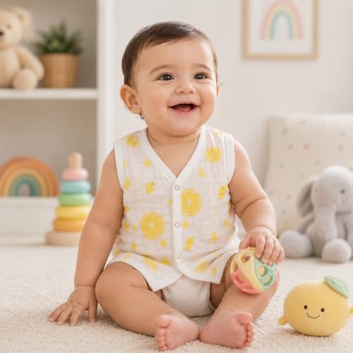Image of Pack of 3 Muslin Sleeveless Baby Jabla with Buttons | 100% Organic Cotton Newborn Jhabla | Ultra-Soft Breathable Summer Wear for Boys & Girls | Assorted Random Prints Pack