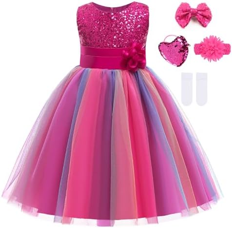 Mecamelon Little Girl's Sequin Sleeveless Mesh Rainbow Party Wedding Flower Dress with Accessories (5-6 Years, Rose)
