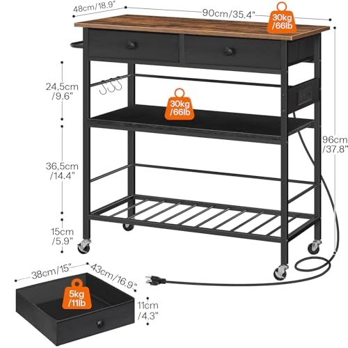 HOOBRO Kitchen Island with Storage, Rolling Island Cart for Kitchen with 2 Drawers & Outlet, 3 Tier Coffee Station and Microwave Stand, Kitchen Island Table for Home, Rustic Brown and Black FB08UZD01 by HOOBRO - Image 3