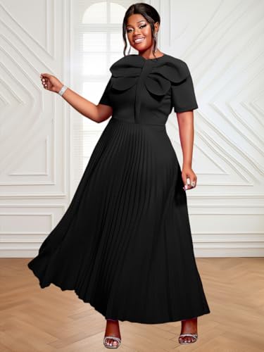Image of AOMEI Casual Church Dresses for Women 2026 Summer Pleated Short Sleeve Round Neck Dragonfly Spring Maxi Dress