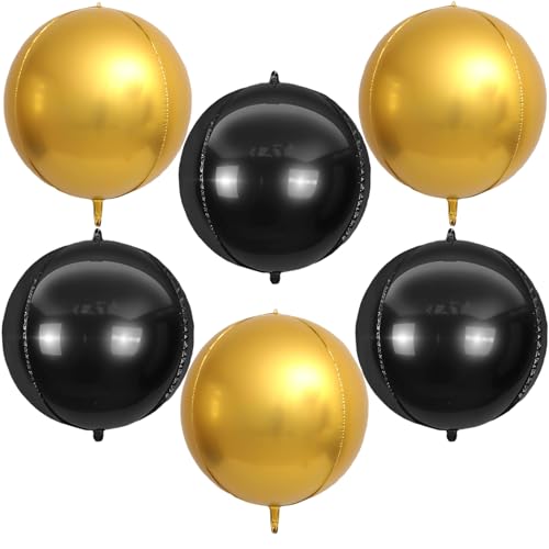 Ballons Aluminium Rond, 6 Pièces Fête Ballon 4D, 22 Pouces Ballons 4D, Décoration Ballon 4D, pour Mariages, Anniversaires, Baby Shower Party (Or+Noir)