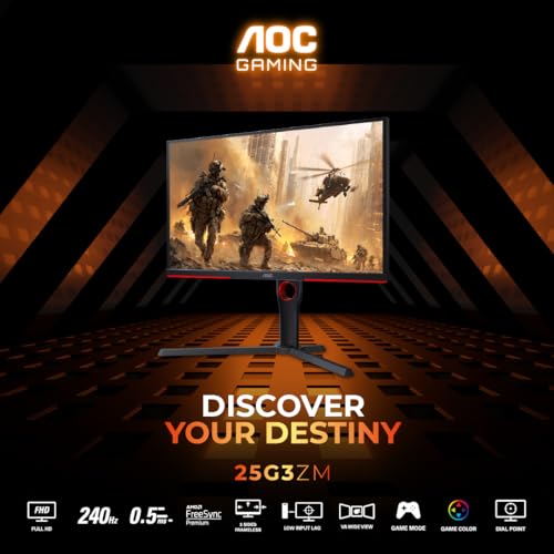 Image of AOC 25G3ZM /BK 24.5 inch FHD Gaming Monitor, 240Hz Refresh Rate, 1ms GTG Response Time, 6 Game Modes, Freesync Premium, Low Input Lag, ShadowControl, HDMI & DisplayPort