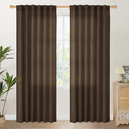 YoungsTex Brown Linen Curtains 80 Inch Length for Living Room, Semi Sheer Window Drapes with Rod Pocket Back Tab Light Filtering for Farmhouse Dining Room Bedroom, 2 Panels, 52 X 80 Inch by YoungsTex - Used condition - US$18.73