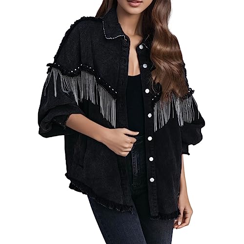 Veste denim femme poche lâche à bouton et franges résistantes au quotidien
