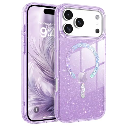 Image of BENTOBEN Magnetic for iPhone 17 Pro Max Case, Clear Crystal Glitter Bling 17 Pro Max Phone Case [Compatible with MagSafe], Shockproof Sparkly Cute Women Girl Cover for iPhone 17 Pro Max, Purple