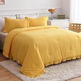 AIKASY Yellow Ruffle Comforter Queen, 3 Pieces Vintage Ruffle Fringe Comforter, Farmhouse Rustic Mic