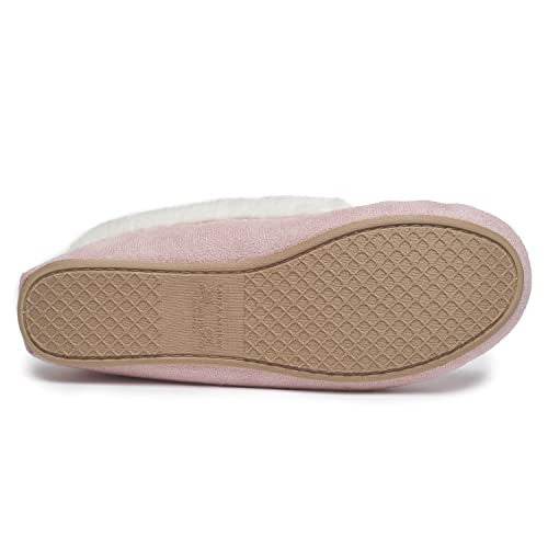 Laura Ashley Womens Micro Suede Memory Foam Moccasin Slippers, Warm Fuzzy Rubber Bottom Indoor Outdoor Faux Fur House Shoes, Pink, Large #TOP2